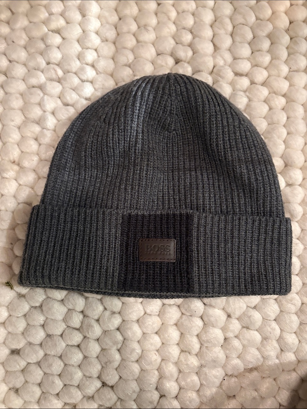 BOSS Menswear "Fati" Ribbed-Knit Beanie in grey.